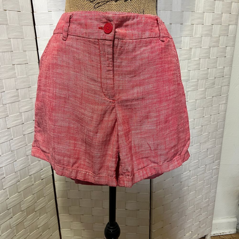 Ann Taylor Loft Red Chambray Cotton Shorts with Pockets Summer Vacation‎